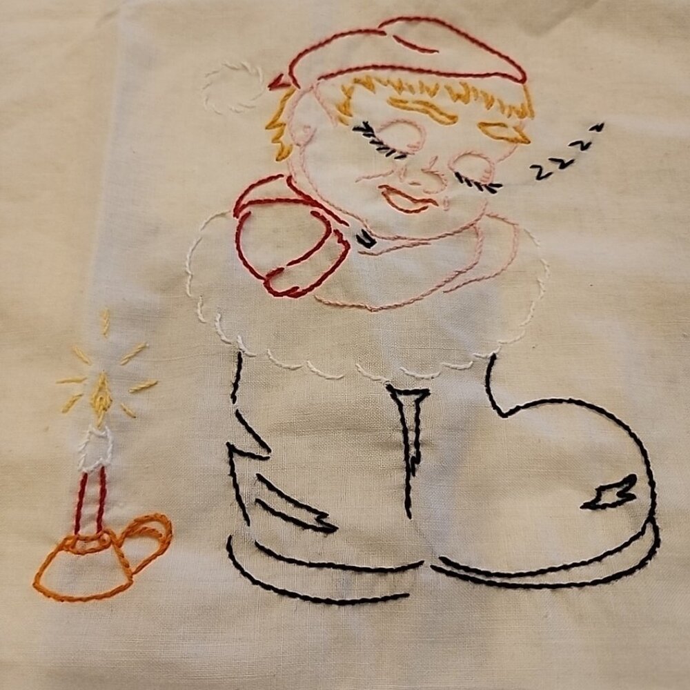Vintage Cotton Kitchen Towel Embroidered Elf 33x22.5"